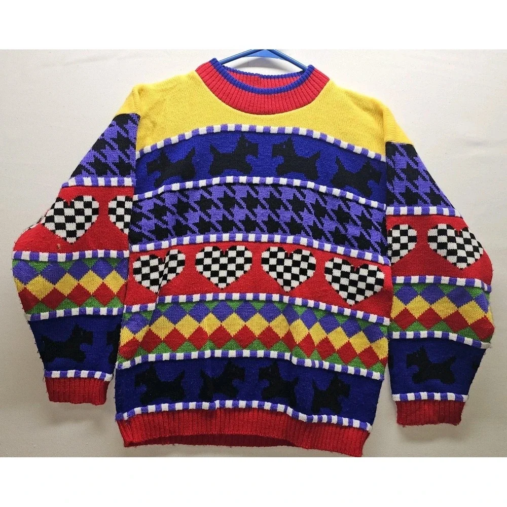 VTG 80s Knitwaves Sweater M Houndstooth Colorblock‎ 80s 90s Acrylic kidcore